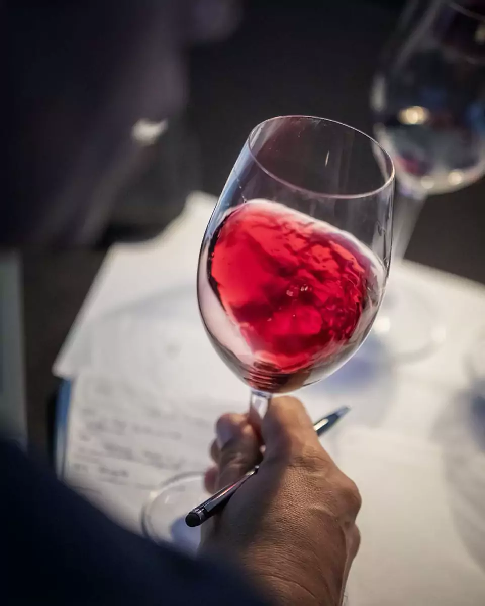 Visitante a provar vinho tinto numa edição do Essência do Vinho